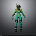 Detailed Green Spacesuit Character With Yellow Stripes Helmet Antenna Standing On Grey Background