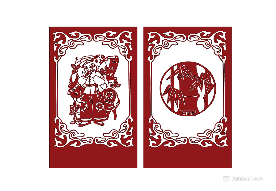 Red Wall Decor with Traditional Figure and Bamboo Patterns Ornate Scroll Border Design 3d model 