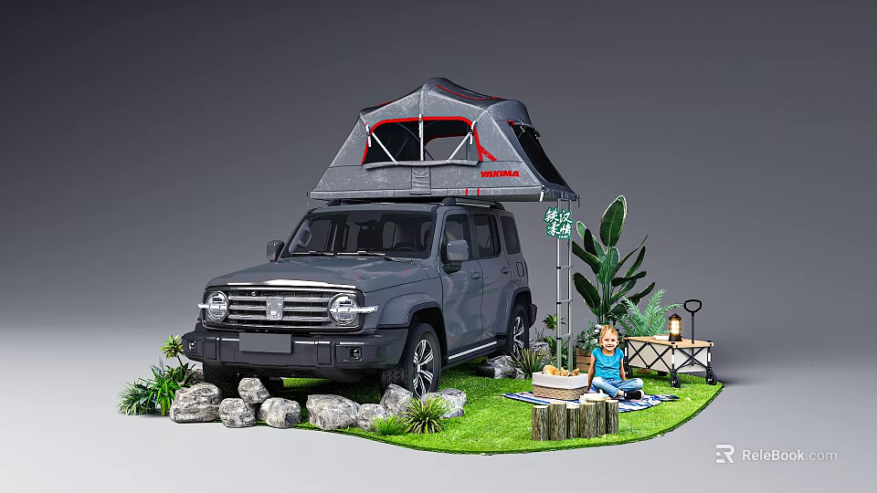 Commercial Equipment Roof Tent And Camping Gear On Off Road Vehicle With Grass Area 3d model 