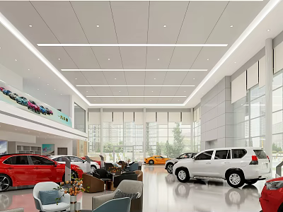 Spacious 4S Store Showroom Interior With Bright Lighting Displaying New Colorful Cars 3d model