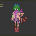 Cartoon Style Game And Movie Character With Gray Fur Raccoon Tail Purple Ears And Waving Hand