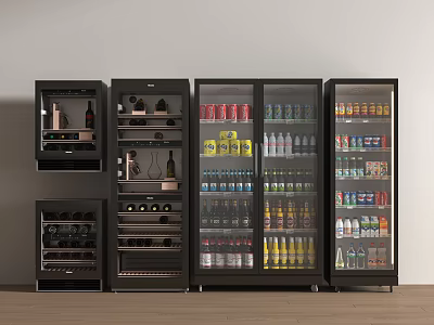 Display of Multiple Beverage Refrigerators with Assorted Drinks Cans and Bottles 3d model