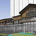Modern Commercial Street Design With Glass Facades Wooden Elements And Pedestrian Areas