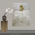Abstract Painting With Gray Background Yellow Flower Vertical Design And Wooden Pedestal Vase White Blossoms