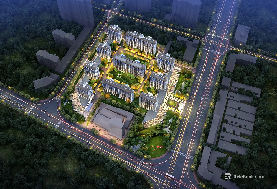 Aerial View Plan of Residential Community Layout With Central Area Buildings Green Spaces And Roads 3d model 