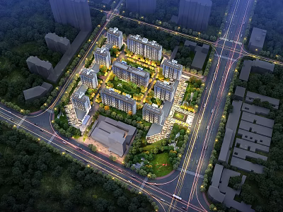 Aerial View Plan of Residential Community Layout With Central Area Buildings Green Spaces And Roads 3d model