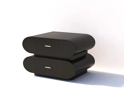 Modern Black Nightstand with Double Drawer and Gold Rounded Handles 3d model