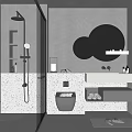Modern Bathroom Interior With Cloud Shaped Mirror Speckled Walls Vanity And Shower Area