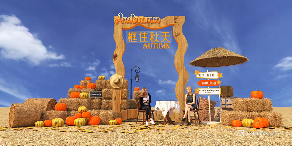 Scenic Autumn Photo Spot With Wooden Arch Pumpkins Hay Bales And Blue Sky 3d model 