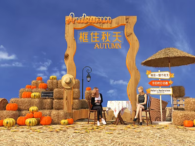 Scenic Autumn Photo Spot With Wooden Arch Pumpkins Hay Bales And Blue Sky 3d model