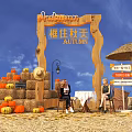 Scenic Autumn Photo Spot With Wooden Arch Pumpkins Hay Bales And Blue Sky