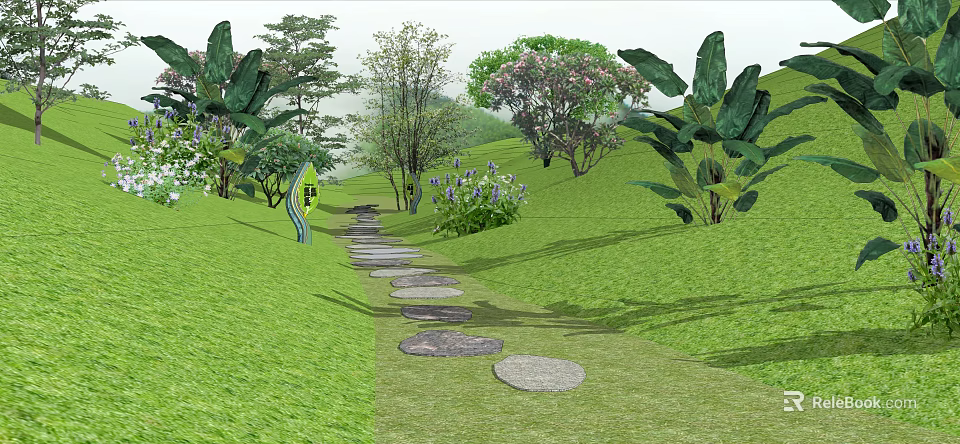 Stone Pathway Through Green Grassland Surrounded by Trees and Flowers 3d model 