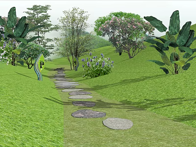 Stone Pathway Through Green Grassland Surrounded by Trees and Flowers 3d model