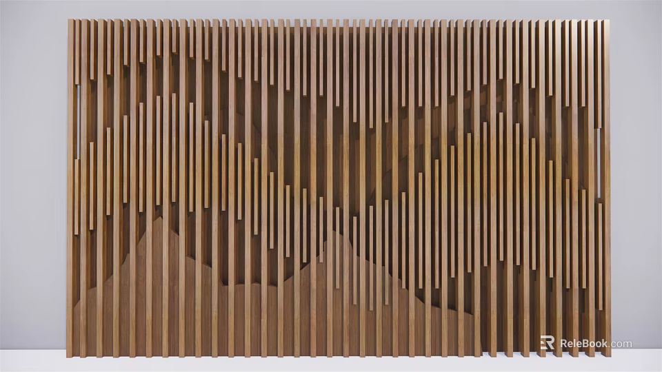 Modern Decorative Wooden Feature Wall With Vertical Slats And Wavy Pattern Design 3d model