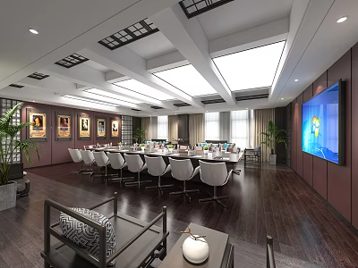 Modern Conference Room Interior With Circular Table White Chairs Large Screen Decorative Paintings Wooden Flooring 3d model