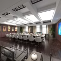 Modern Conference Room Interior With Circular Table White Chairs Large Screen Decorative Paintings Wooden Flooring