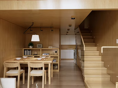 Wooden Dining Area With Staircase Pendant Light Dining Table Chairs Shelf And Microwave 3d model