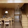 Wooden Dining Area With Staircase Pendant Light Dining Table Chairs Shelf And Microwave