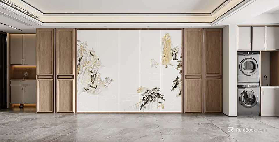 Chinese Style Living Room Accent Wall With Landscape Patterns 3d model