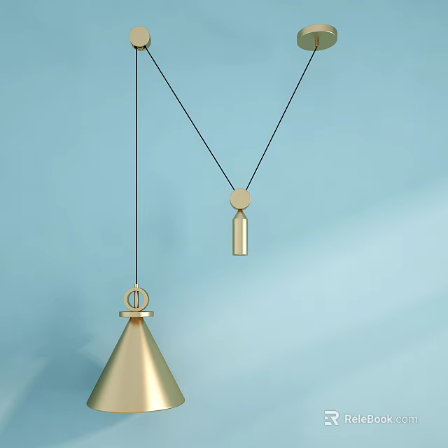 Minimalist Golden Pendant Light Design With Cone Shaped Structure And Light Blue Background 3d model 