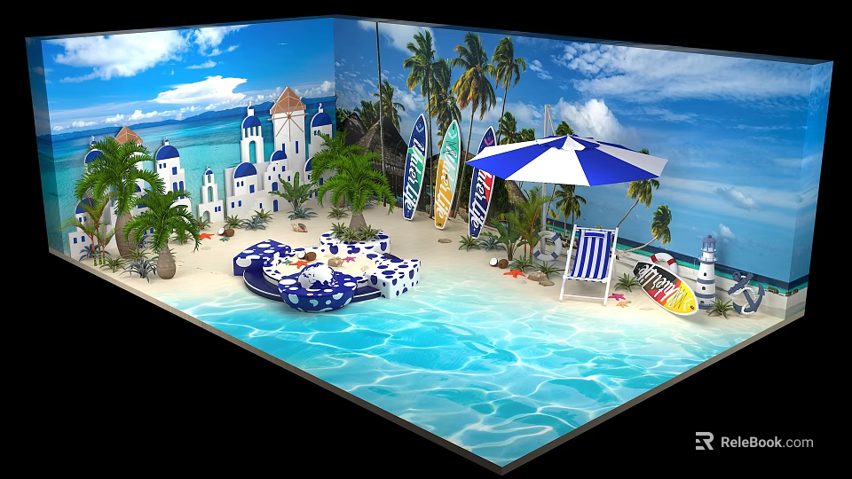 Tropical Beach Pool Scene With Palm Trees Surfboards Umbrella And White Buildings 3d model 