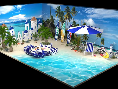 Tropical Beach Pool Scene With Palm Trees Surfboards Umbrella And White Buildings 3d model