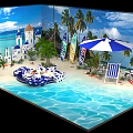 Tropical Beach Pool Scene With Palm Trees Surfboards Umbrella And White Buildings