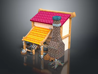 Small Traditional House With Red Tiled Roof Yellow Awning Brick Chimney Wooden Frame And Barrels 3d model
