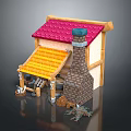 Small Traditional House With Red Tiled Roof Yellow Awning Brick Chimney Wooden Frame And Barrels