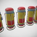 Multiple Cylindrical Industrial Equipment Units With Red Tops Blue Bases Shelves And Wheels