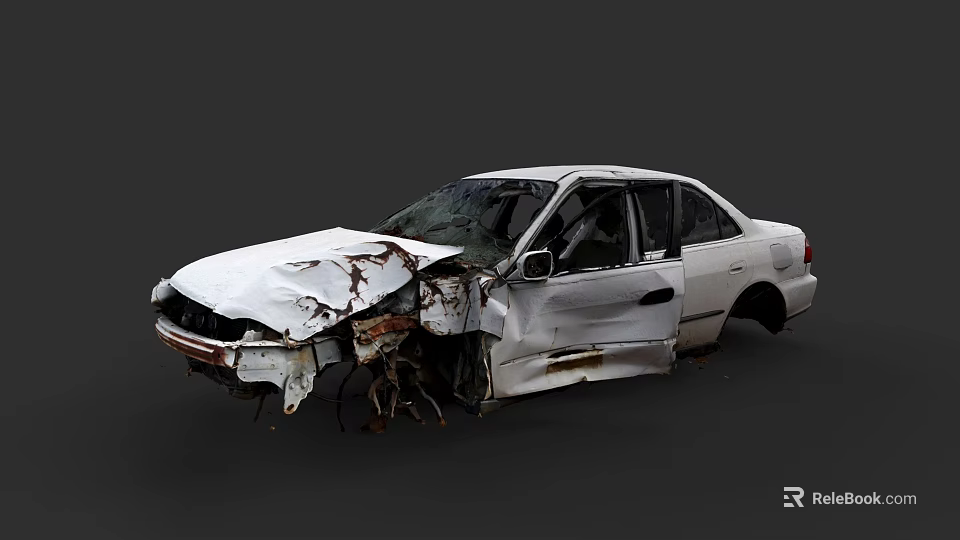 Wrecked White Car With Damaged Front And Rusted Body Parts 3d model 