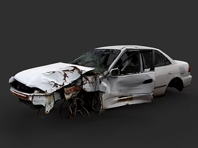 Wrecked White Car With Damaged Front And Rusted Body Parts 3d model