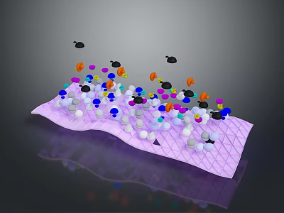 Purple Grid Surface With Colorful Small Spheres And Floating Black Objects 3d model