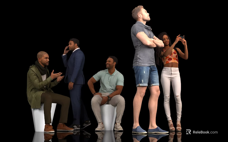 Diverse Group of People Standing Sitting Talking and Looking in Casual Outfits 3d model 
