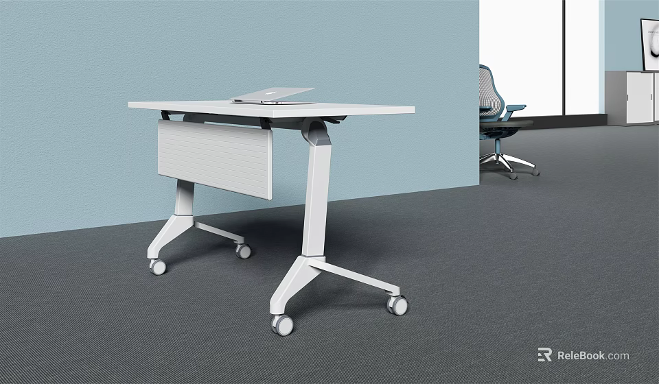 Modern White Office Desk With Wheels Drawer And Ergonomic Chair In Workspace 3d model 