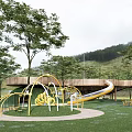 Outdoor Natural Children's Play Area Featuring Wooden Canopy Curved Stairs Green Lawn And Trees