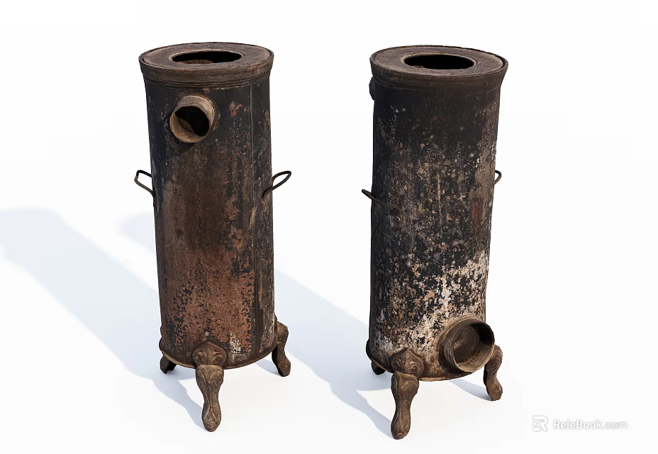Two Vintage Rusty Cylindrical Kitchenware Cooking Stoves with Legs and Handles 3d model