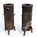 Two Vintage Rusty Cylindrical Kitchenware Cooking Stoves with Legs and Handles 3d model