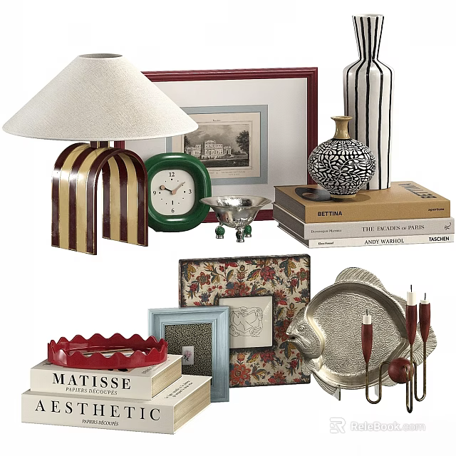Decorative Ornament Set with Table Lamp Picture Frames Vases Candle Holders and Books 3d model 