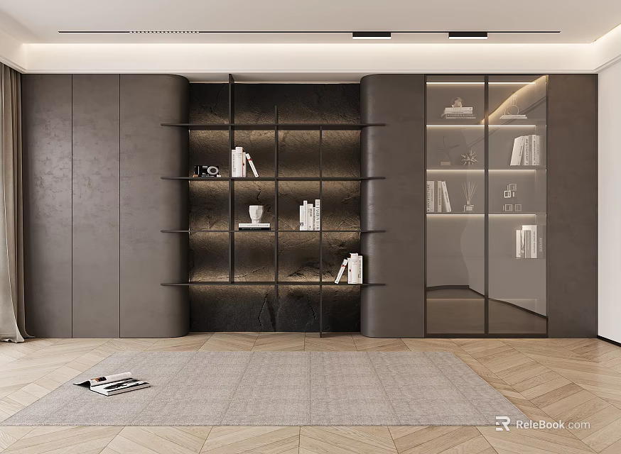 Elegant Modern Bookcase Interior With Layered Shelves Glass Doors And Lighting 3d model 