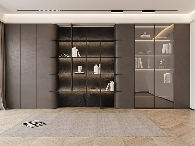 Elegant Modern Bookcase Interior With Layered Shelves Glass Doors And Lighting 3d model