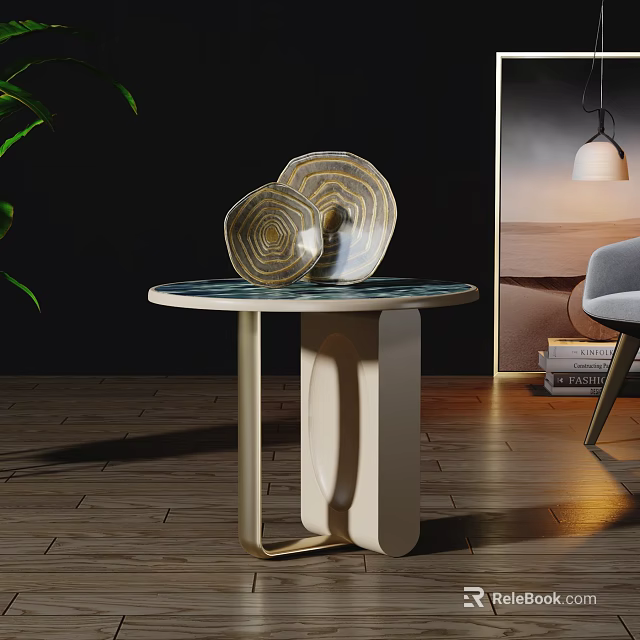 Modern Round Side Table With Blue White Tabletop And Decorative Ring Plates In Interior Space 3d model 