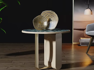 Modern Round Side Table With Blue White Tabletop And Decorative Ring Plates In Interior Space 3d model