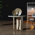 Modern Round Side Table With Blue White Tabletop And Decorative Ring Plates In Interior Space 3d model