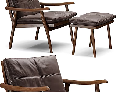 Brown Leather Leisure Chair with Wooden Frame and Ottoman Modern Minimalist Design 3d model