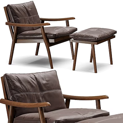 Brown Leather Leisure Chair with Wooden Frame and Ottoman Modern Minimalist Design 3d model