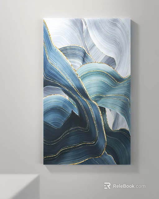 Abstract Wall Art With Blue White Waves And Gold Accent Lines 3d model 