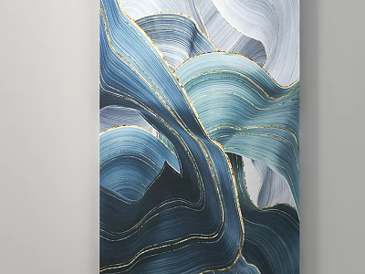 Abstract Wall Art With Blue White Waves And Gold Accent Lines 3d model