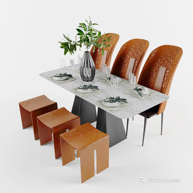 Brown Patterned Chairs And Stools With Dining Table Set Featuring Vase Green Plant And Tableware 3d model