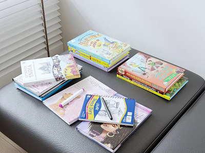 Colorful Books And Magazines Stacked On Table With Pen And Notebook 3d model